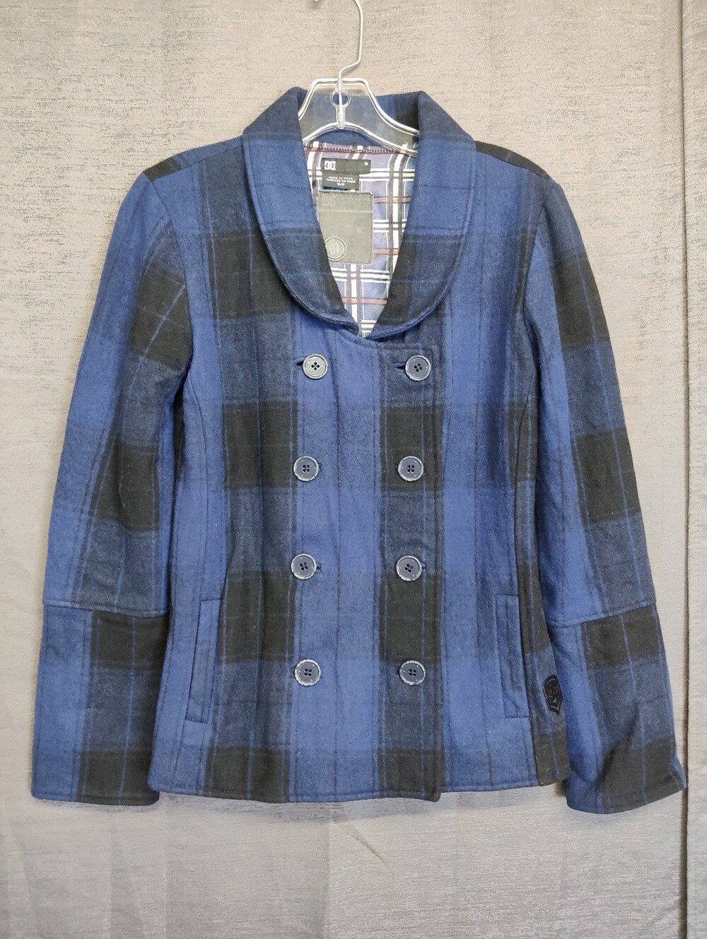 Plaid Wool Peacoat Y2K Skater DC Blue & Black Double Breasted Pleated Jacket S